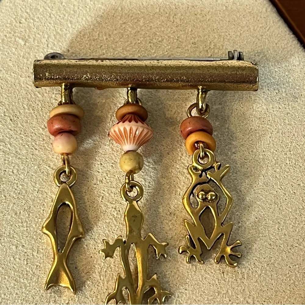 Vintage Gold Charm Brooch with Animal Pendants